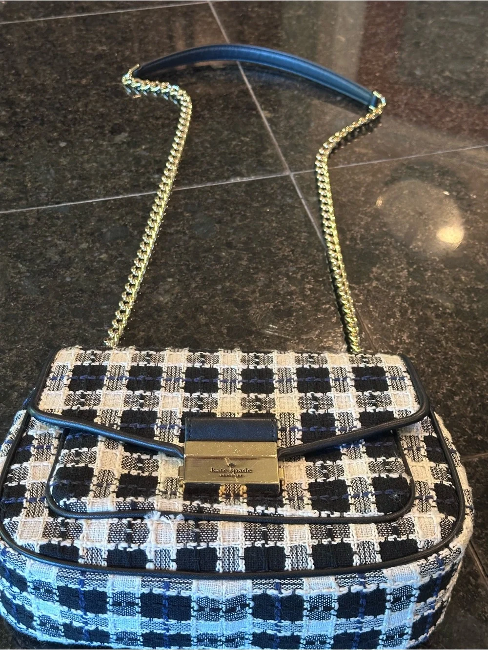 kate spade Black and White Check Tweed Tweed Shoulder Bag with Gold Hardware